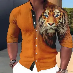 Men's Tiger 3D Printed Shirt - Spring/Autumn Long Sleeve Stand Collar Top - New Fashion Casual Streetwear Clothing Classic Street Style Breathable Menswear Fabric Stylish Underwear Love