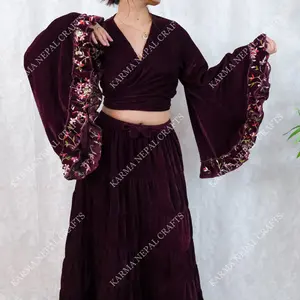 Velvet Wrap Top with Hand Embroidery, Three Way Tie Top, Plus Size, Crop Top Flare Sleeve Blouse, Bohemian Style, Ruffle, Hippie,70s 60s Vibe