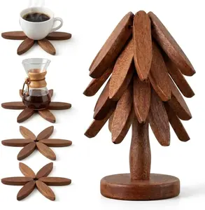 Wooden Trivets for Hot Dishes, Foldable Tree Trivet Set with Stand, 4-Layer Walnut Wood Trivet for Pots, Pans, Coffee & Teapot, Space Saving Table Protector for RV, Decorative Kitchen Decor & Gift