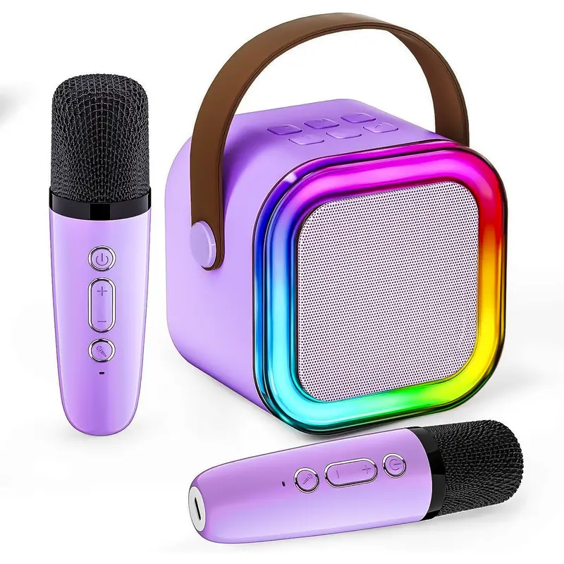 Macaron Color Compact Mini Portable Bluetooth 5.3 Speaker with 2 Wireless Mics, RGB Lights, Stereo Sub Punch, Karaoke System, Included Batteries, Auto Connect, Instant Link, Best Gift for Kids & Adults for Birthdays, Christmas, 2-Mic Party Fun