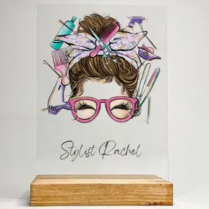 Personalized Wood Base Stand Hair Stylist Gift | Custom Hair Salon Name Plate | Barber Shop Desk Sign | Hairdresser Decoration | Customizable Salon Display