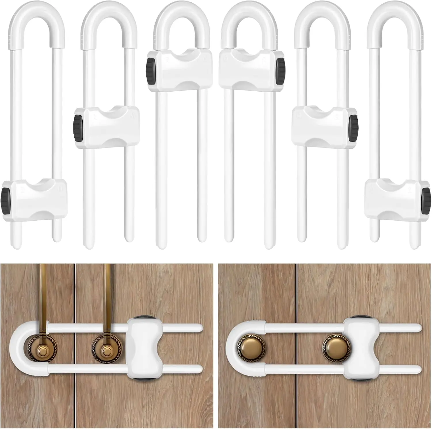 Baby Safety U-Shaped Cabinet Locks - 6-Pack Adjustable Child Safety Locks for Cabinets, Drawers (White) - Halloween, Christmas Gifts