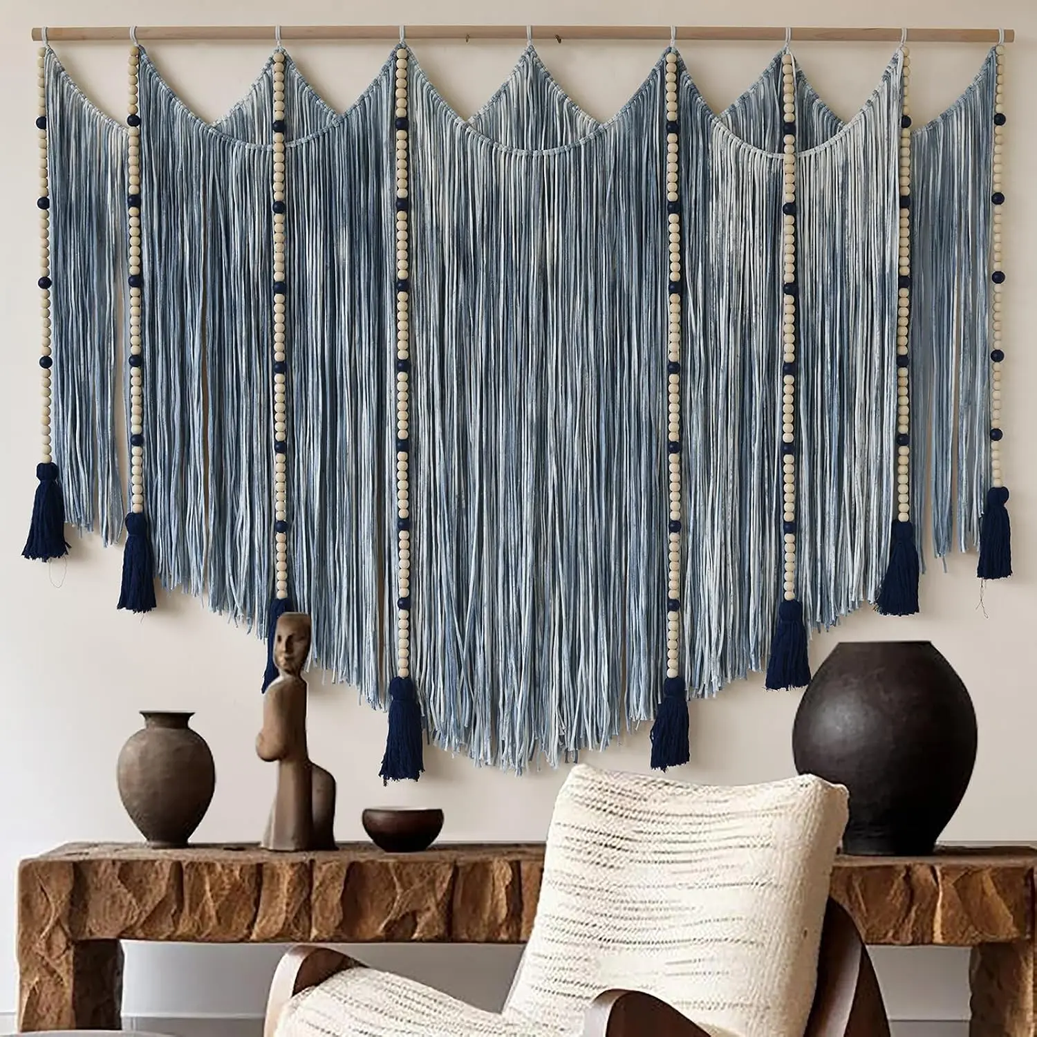 Large Macrame Wall Hanging 57x43 Inch Blue Dip Dye Bead Boho Wall Decor Handmade Cotton Wall Art