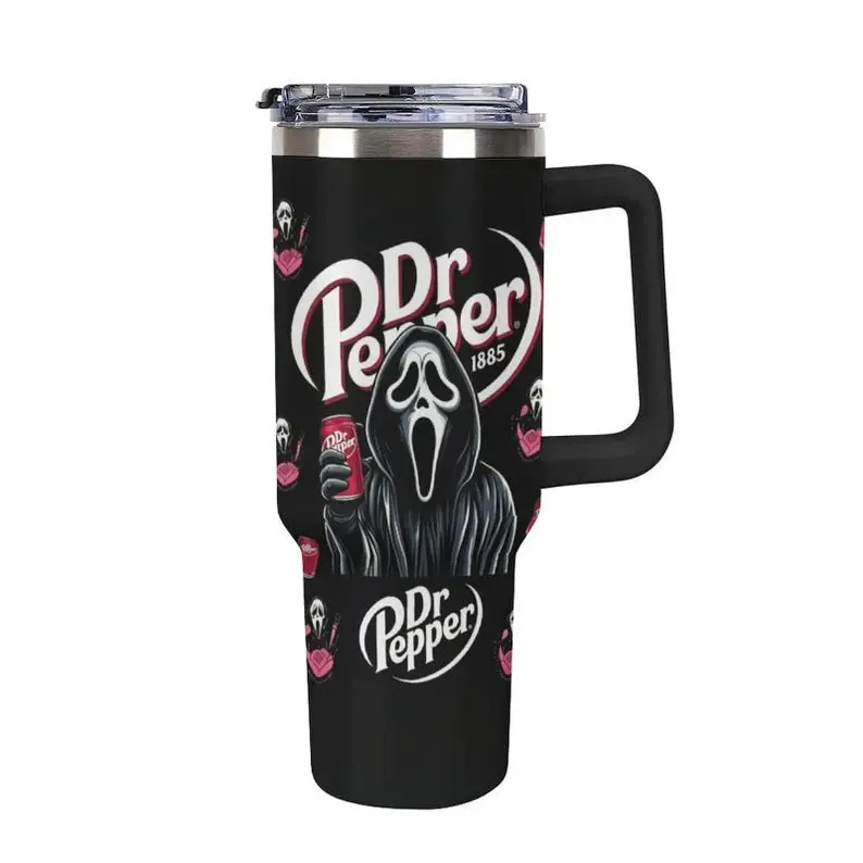 Ghostface Tumbler 40oz with Handle Scream Horror Movie Travel Mug Stainless Steel Insulated Cup DrPepper Soda Fan Halloween Gift for Her