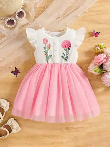 Baby girl's summer white ruffled short sleeved dress, pink chiffon skirt with delicate floral embroidery at the hem, elegant and cute baby clothes