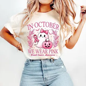 In October We Wear Pink Shirt Retro Breast Cancer Awareness T-Shirt Halloween Pink Ghost Sweatshirt Breast Cancer Halloween Clothing Unisex Crew Neck Beige Fairy Streetwear Summer Tops