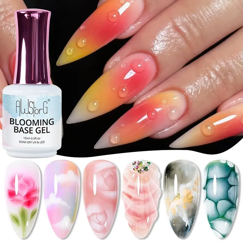 AWStorG 15ML Blooming Base Gel, 2-In-1 Nail Gel, Semi-Permanent Base Coat & Blooming Function Gel, Soak Off UV & LED, Home Use, DIY Salon Essential, Nail Art, Gel Nails, Manicure, Nail Products