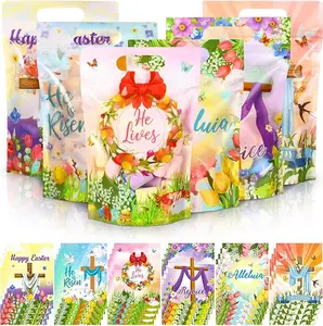 60 Pcs Easter Gift Bags Plastic Religious Goodie Bags with He Is Risen Cross Pattern Candy Treat Bulk Bags for Christians Teacher Students Office Employee Coworker,Sunday Spring Birthday Wedding Church School Classroom Party Supplies,Class Gift Exchange