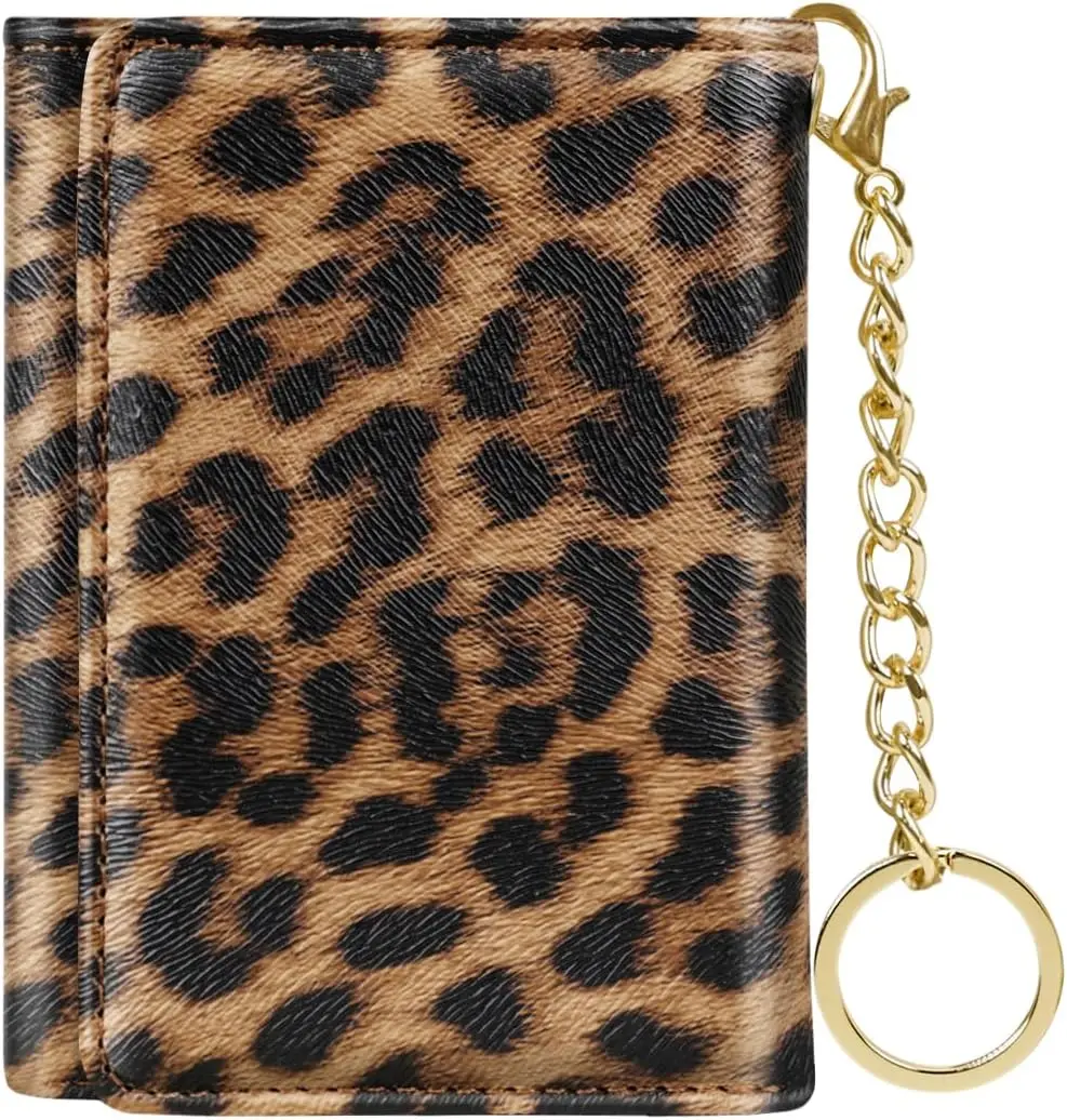 Women's Small Slim RFID Blocking Leopard Print Wallet - Cute Vegan Leather Mini Purse with Cheetah Print, Keychain, ID Window, Credit Card Holder (Car Interior Accessory Organizer)