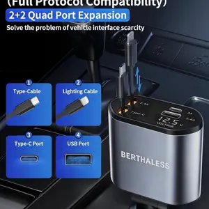 Retractable Car Charger, 4 in 1 Fast Charging Car Charger with USB-C & USB-A, Compatible with iPhone 17/16/15/14/13/12/11,Galaxy,Pixel, Car Accessories for Men Women Drivers