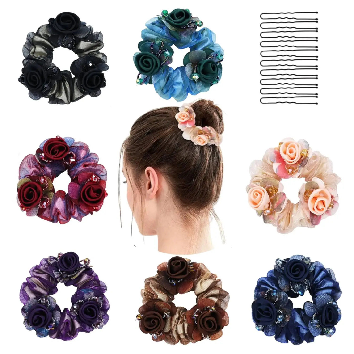 Women's 7-Piece Soft Mesh Boho Hair Scrunchies - 9 cm Diameter Floral Elastic Ponytail Holders with Chiffon Rose & Glitter Accents, Secure Comfortable Daily & Party Hairbands, Cute Gift Accessory