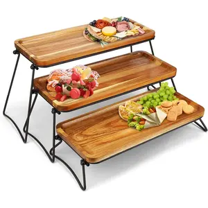 Three-tier cupcake stand and cake tower, large party tray, acacia wood dessert table display set, decorative tray, multi-tiered tray decoration, small cheese and charcuterie board, rustic wooden serving tray: tray