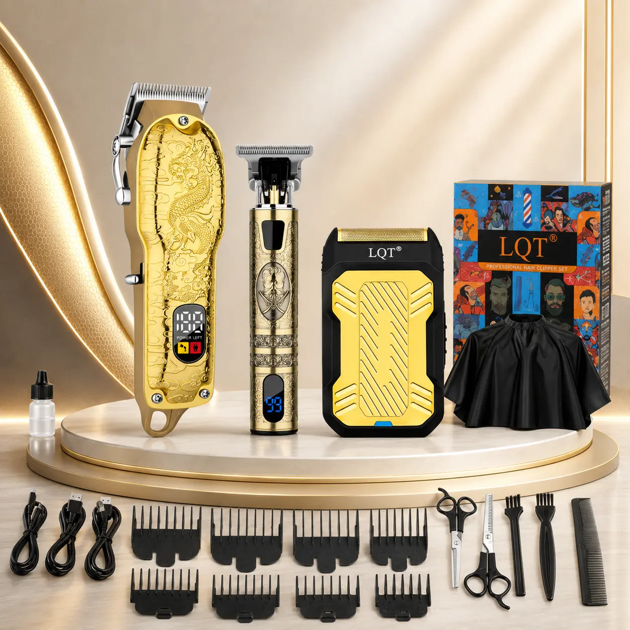 LQT Professional Hair Clippers Set for Men, 3-in-1 Cordless Grooming Kit with Hair Clipper, T-Blade Trimmer and Foil Shaver, Powerful Motor, Stainless Steel Blades, Adjustable Lever, LED Display, Rechargeable Barber Kit for Haircut, Beard & Face Grooming