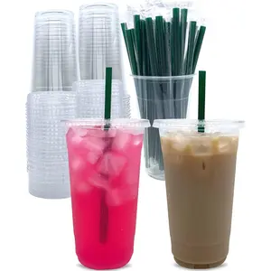 [100 Sets] 32 oz Clear Plastic Cups with  and STRAWS, Disposable Party Cups for To Go Iced Coffee Cold Drinks, Smoothie, Juice, Parfait, Frappuccino, Milkshake. No Leaking Fruit Cup