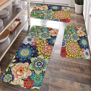 2/3pcs kitchen anti slip carpet floor mat set, gorgeous retro floral printed kitchen anti fatigue floor mat, soft and comfortable flannel washable floor mat, suitable for kitchen, bathroom, living room, room decoration floor mat, Non Slip Rugs