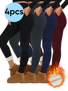 4 Pack Fleece Lined Leggings for Women with Pockets - Tummy Control Thermal Warm Yoga Pants Plus Size