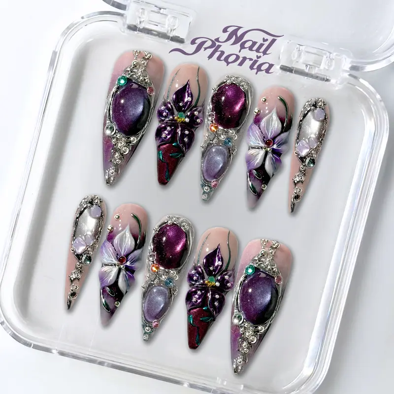 NailPhoria NEBULA THRONE - Fall Handmade Press-On Nails | Reusable, Salon-Quality, Long-Lasting, Glossy Design - Long Stiletto 33mm