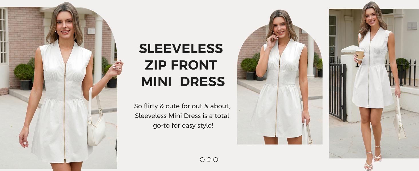 Fisoew Women's Sleeveless Tank Mini Dress Casual Zip Front V Neck Loose Summer Smocked Dresses with Pockets