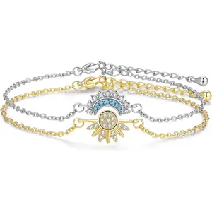 Sun & Moon Couple Bracelets, Shiny Rhinestone Gold Sun & Blue Moon Matching Bracelets, Friendship & Love Jewelry Gift for Besties, Girlfriend & Boyfriend