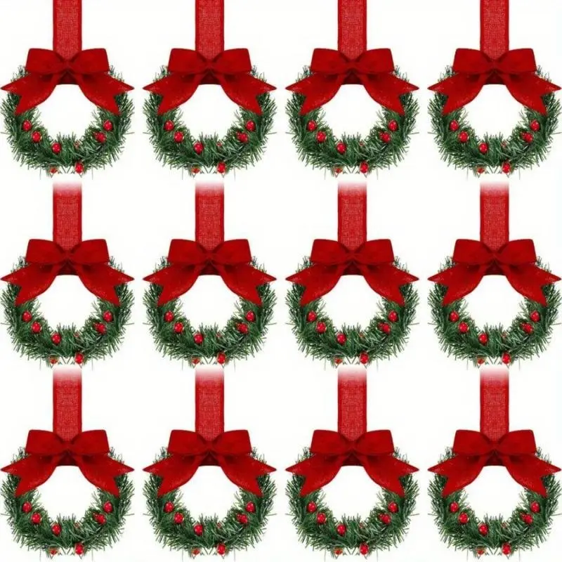 3pcs/6pcs/12pcs/18pcs Christmas Kitchen Cabinet Mini Wreath Hanging Ornaments withBows and Berries, Mini Christmas Wreath Small Kitchen ChristmasDecorations, Artificial Hanging Wreath forWindow/Cabinet/Chair/Door/Stairs, Decorative Ornament