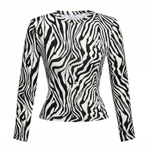 Zebra Stripes Print Slim Fit Crew Neck Long Sleeve Crop Top for Women Versatile Casual Comfy Chic Edgy Style Breathable Fabric Streetwear Blouse