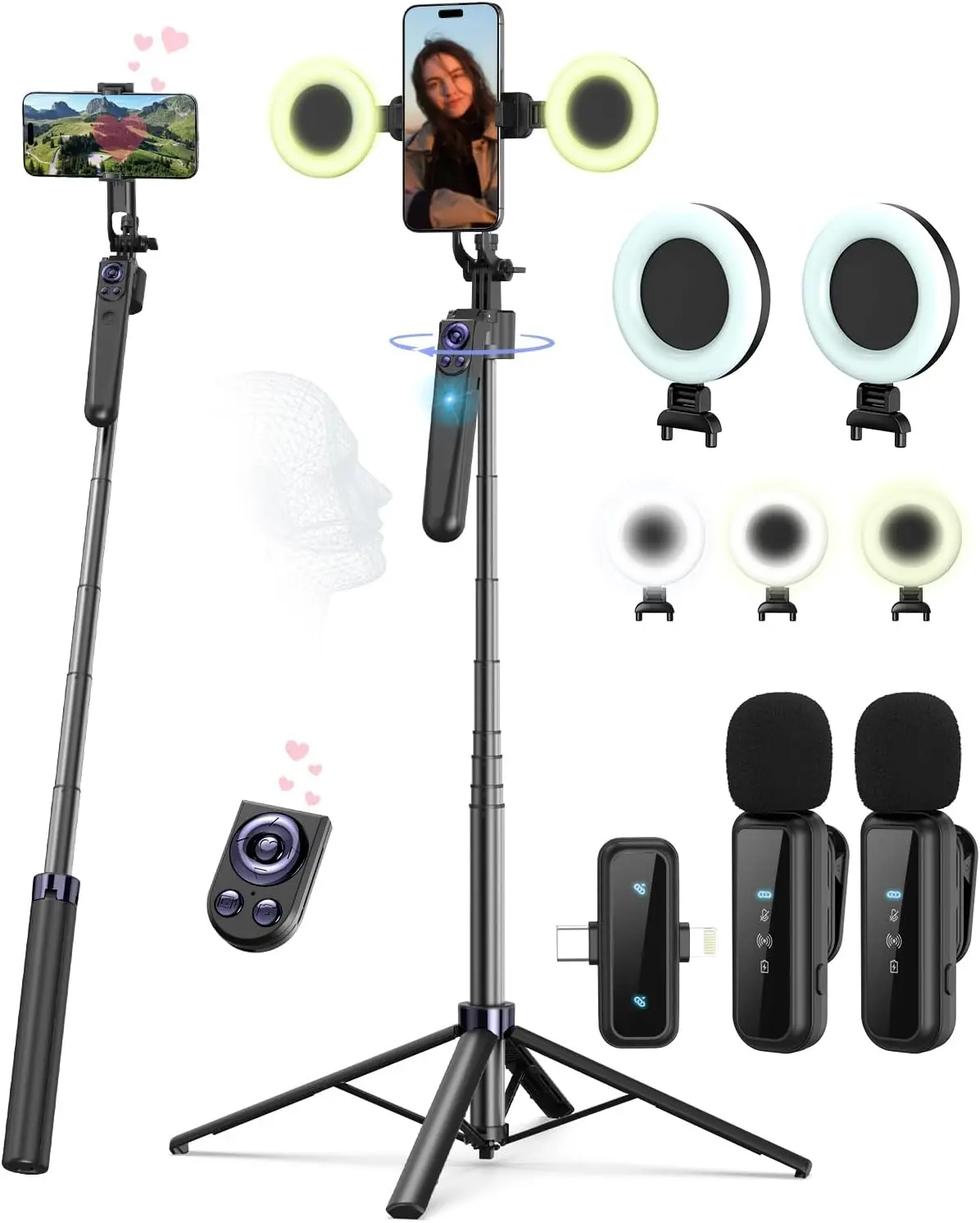 Vlogging Kit for Iphone/Android, 63”Auto Face Tracking Tripod for Iphone with Light, Wireless Microphones, Scrolling Remote Control for Tiktok, Content Creator Kit for Youtube Starter Yeaki