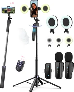 Vlogging Kit for Iphone/Android, 63”Auto Face Tracking Tripod for Iphone with Light, Wireless Microphones, Scrolling Remote Control for Tiktok, Content Creator Kit for Youtube Starter Yeaki