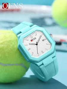 Ofns 1588 Square Sport Watch, Glow-In-The-Dark Waterproof Silicone Wristwatch, Unisex Trendy Quartz Watch, Macaron Color, Lightweight Sports Watch, Square Watches