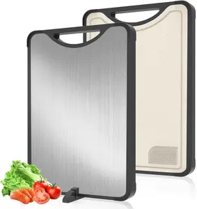 [New Deal] - Stainless Steel Cutting Board – 2-in-1 Double Sided Cutting Board for Kitchen, SGS Food-Grade Certified, Pure Stainless Steel & Wheat Straw PP, Dishwasher Safe