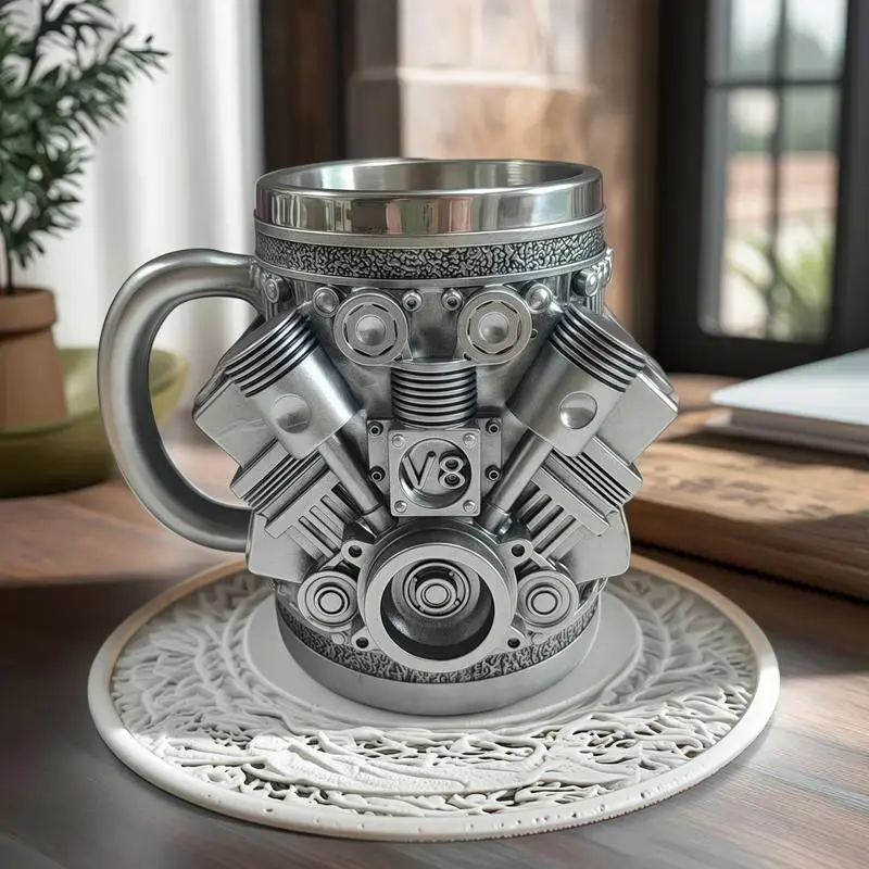 Personalized Stainless Steel Mug - V8 Engine Design, 10oz Handcrafted Durable & Stylish, Perfect for Car Enthusiasts,Coffee Cup,Birthday Present,Holiday Gift Reusable #Father'sDayGift