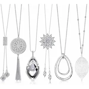 6Pcs Long Pendant Necklaces for Women Long Sweater Necklaces Silver Flower Tassel Disk Circle Leaf Statement Sweater Chain Necklace for Women Y Necklace Set Fashion Jewelry