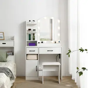 Makeup Vanities, with Large LED Lighted Mirror, Adjustable 3 Lighting Modes, with 2 Drawers, 3 Shelves, Storage Cabinet and Upholstered Stool, White
