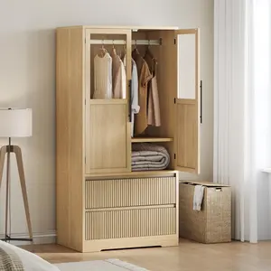 Garvee Bedroom Wooden Armoire Wardrobe Closet, Freestanding Large Wardrobe Armoire Cabinet with Glass Doors and 2 Drawers, Shelves & Hanging Rod for Bedroom, Clothes, Natural