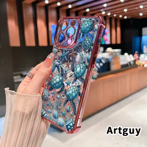 Electroplated Four Corner Anti-Fall Marine Life Sea Turtle Symphony Pattern Phone Case for iPhone 16 Pro Max 15 Plus 14 13 12 11 E Shockproof Transparent Protective Cover