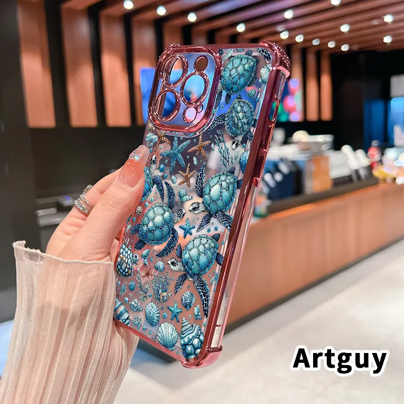 Electroplated Four Corner Anti-Fall Marine Life Sea Turtle Symphony Pattern Phone Case for iPhone 16 Pro Max 15 Plus 14 13 12 11 E Shockproof Transparent Protective Cover