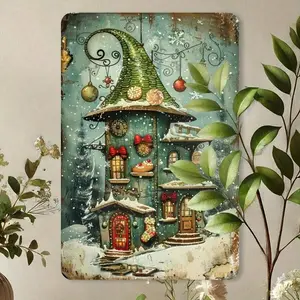 1pc Vintage Christmas Cottage Metal Tin Sign - Turquoise & Golden Snowy Gingerbread House Wall Art With Red Door & White Trim, 8x12 Inch Indoor/Outdoor Holiday Decoration For Home, Cafe, Bar, Library - English Text Rustic Door Hanger, Christmas Tin Signs,