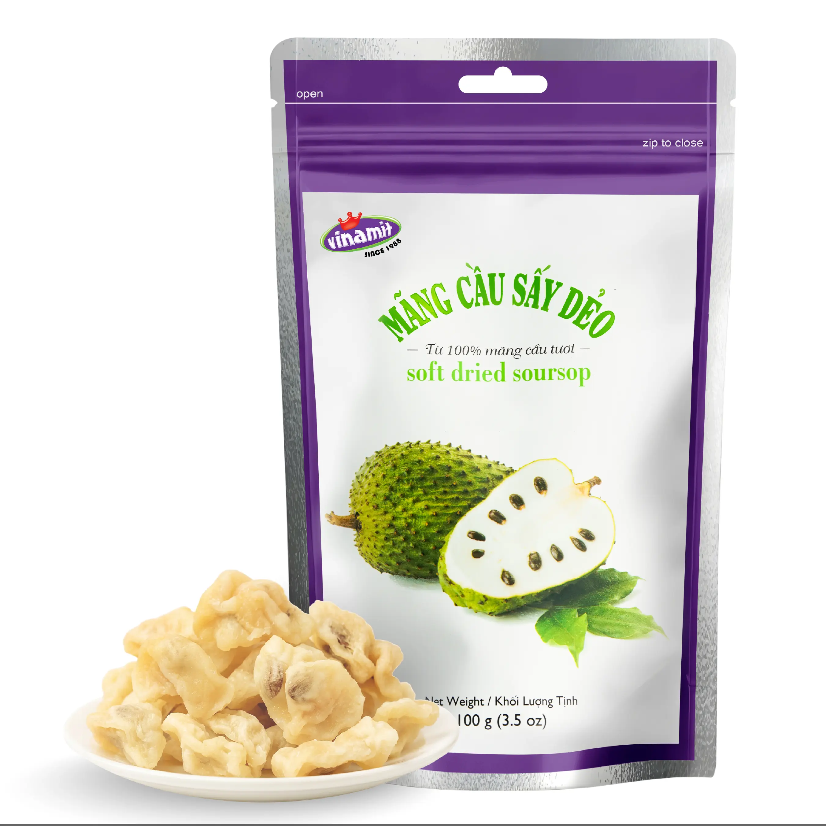 Vinamit Soft Dried Soursop Fruit 3.5 oz x 3 & 5 Pack, Sweet-Tart Tropical Fruit Snacks | Soft & Chewy, Vietnamese Graviola Guanabana, High Fiber Antioxidant, Dried Fruit for Travel, Gifting, Adults & Kids