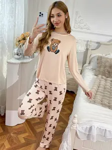 Women's Casual Sleepwear Set, Cute Cartoon Bear Print Long Sleeve Top and Pants, Round Neck Comfortable Loose Home Clothes