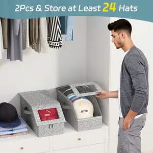 2 Pack XXL Hat Storage Box - 24 Cap Organizer with Rigid Cardboard Frame, Clear Dustproof Stackable Container, Closet Space Saver Hat Organizer for Home & Display, Grey