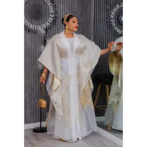 Elegant Metallic Gold Brocade Kaftan Dress 2-Piece Set White Party Outfit Engagement Traditional Ceremony Bubu Attire Mother of The Bride Photoshoot Wedding Guest Formal Plus Size