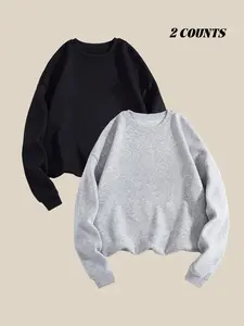 Women's Solid Color Drop Shoulder Thermal Lined Sweatshirt, Casual Long Sleeve Round Neck Pullover for Fall & Winter, Women's Clothes for Daily Wear