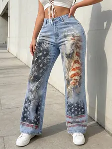 Jeanius Women's High Waisted Wide Leg Jeans | Light Blue Denim with American Flag Horse Print | Casual All-Season Streetwear | Stretchable Comfortable Patriotic Pants