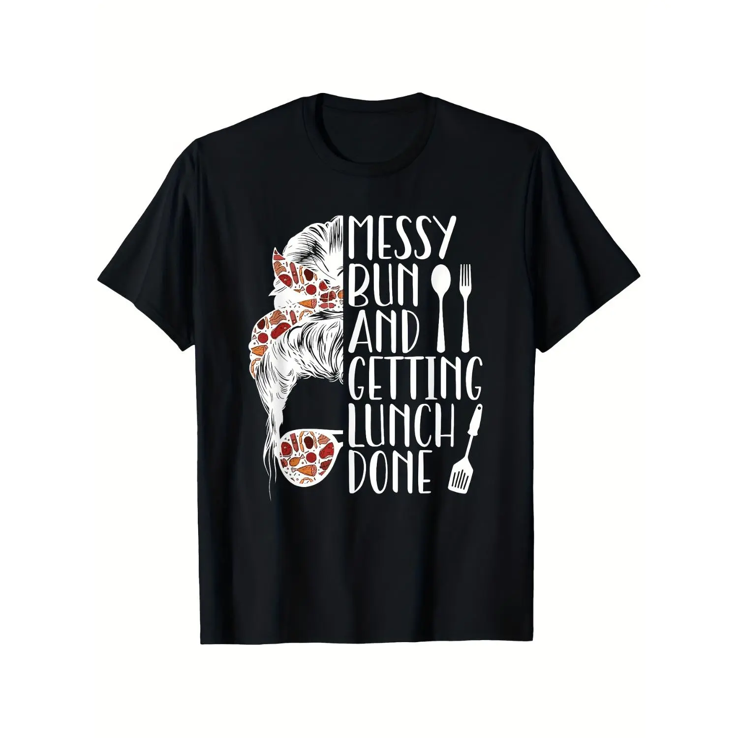 Funny Lunch Lady Cafeteria Worker T-Shirt - Heavyweight 180gsm Cotton Oversized Unisex Tee with Messy Bun, Lunch Utensils & School Print - Italian-Themed Phrases (Spaghetti, Pizza, Pasta) - Casual Gift for Men & Women