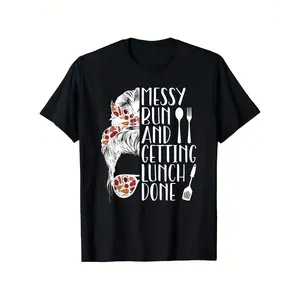 Funny Lunch Lady Cafeteria Worker T-Shirt - Heavyweight 180gsm Cotton Oversized Unisex Tee with Messy Bun, Lunch Utensils & School Print - Italian-Themed Phrases (Spaghetti, Pizza, Pasta) - Casual Gift for Men & Women