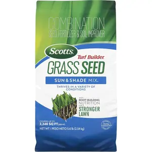 Scotts Turf Builder Grass Seed Sun and Shade Mix - Grass Seed Plus Lawn Fertilizer and Soil Improver, Covers Up to 2,240 sq. ft., 5.6 lb.