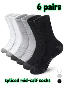 6 pairs of men's classic Striped mid-calf socks, moisture-wicking fabric, business and sporty color options, suitable for daily wear, formal shoes, sports and casual shoes, school socks