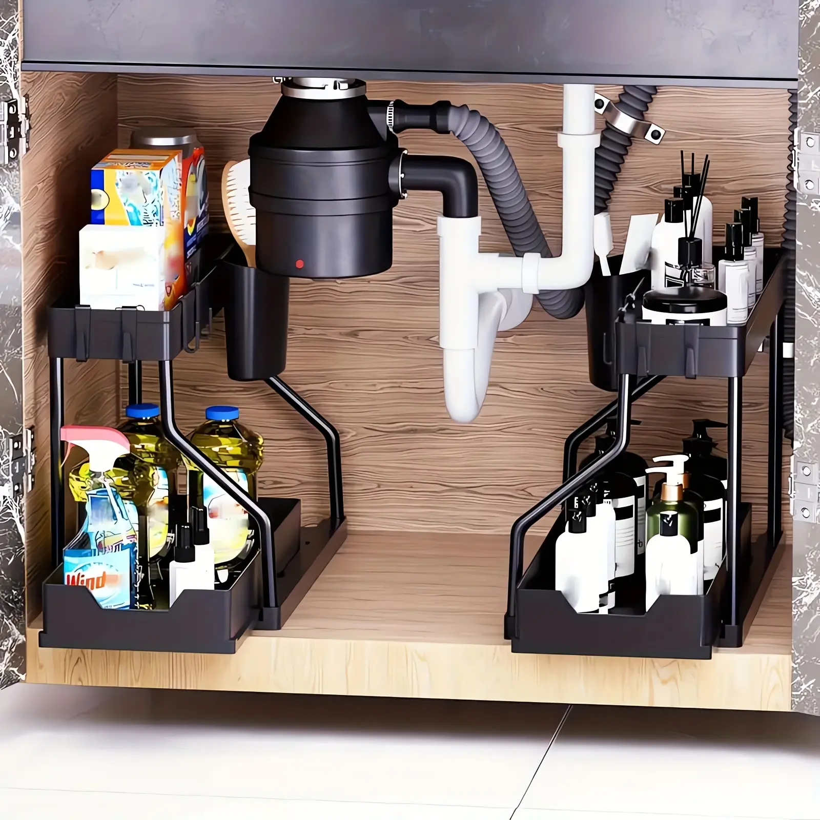2-Pc Rectangular Under Sink Organizer with Sliding Shelves, Black Plastic Multi-Purpose Storage Baskets, Durable Metal-Constructed for Bathroom & Kitchen Cabinets