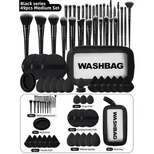 49pcs Makeup Tool Set Including 30 Makeup Brushes, 5 Beauty Sponges, Beauty Sponges For Liquid Makeup, 6 Triangular Sponge Puffs, 3 Finger Puffs , 1 Waterproof Makeup Bag, 1 Makeup Brush Cleaning Bowl, And 3 Large Round Facial Setting Powder Puffs.