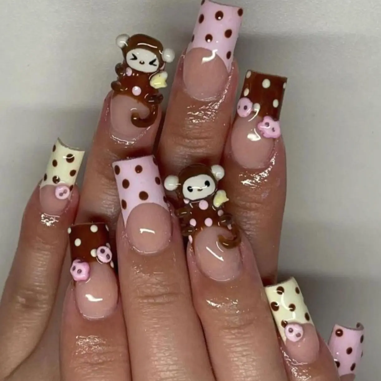 Cute Pink Monkey Press On Nails, Polka Dot French Tip Design, 3D Character Kawaii Nail Art, Handmade Square Nail Set for Women