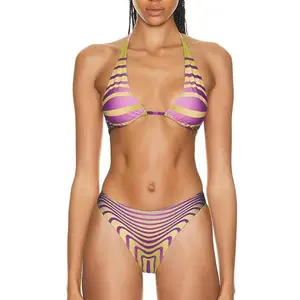 Striped Digital Printing Halter Lace-up Color Block Split Swimsuit